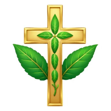 "A clean, friendly emoji of three vibrant green Tulsi (Holy Basil) leaves centered over a small, glowing golden cross or 'plus' sign, symbolizing healing. Simple, flat, 32x32 pixel icon style. Transparent background. Icon for natural healing and wellness." sticker