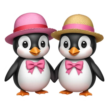 Allora fammi un emoji che rappresenta un pinguino con in testa un fiocco rosa che da la mano a un altro pinguino che in testa ha un cappello di paglia con al centro del cappello una striscia rossa sticker