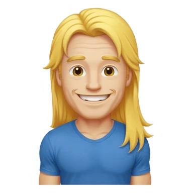 muscled happy guy, long yellow hair, blue t-shirt sticker