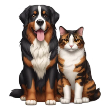 A Bernese dog next to A tortoiseshell cat without white sticker