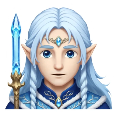 Legendary fantasy Christmas elf portrait icon, Santa Claus and Snow Maiden inspired, ancient winter spirit style, long flowing white-blue hair, glowing frost eyes, crystal staff, elegant elven features, divine winter magic aura, icy silver color palette, highly detailed but clean emoji icon male sticker