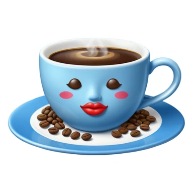 A steaming cup of coffee is visible. The blue cup has a kissing lips print and sits on a blue saucer filled with coffee beans. sticker