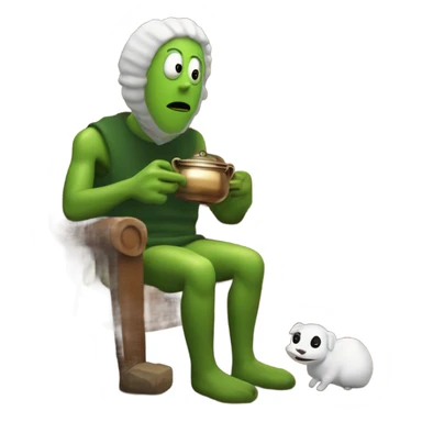 Pickle man in a cabin drinking a pot of goat cheese with his Demonic creature pet warming itself by the fireplace  sticker