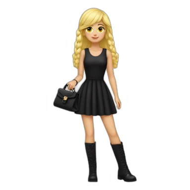 Chica rubia con flequillo vestido negro bolso negro botas negras anillo sticker