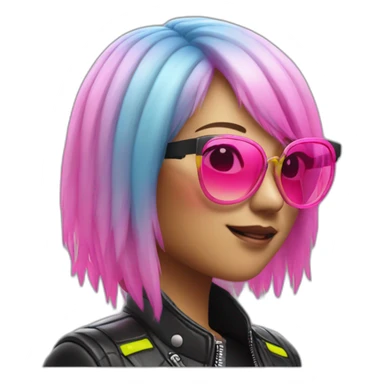 A Japanese woman with Pink hair wearing sunglases with Neon highlights and is also waering a leather jacket sticker