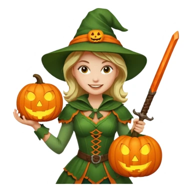 Woman Hunter With Jack o Lantern, wearing green costume, with sword sticker