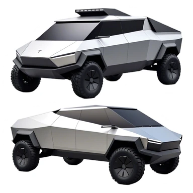 Tesla Cybertruck - A futuristic Tesla Cybertruck, angular and geometric with a sharp, triangular body shape. Stainless steel exoskeleton with a raw, unpainted, brushed-metal finish. A sleek, narrow LED light bar stretches across the entire front. Large, rugged off-road tires with exposed wheel arches. Smooth, handle-free doors and a slanted, armored rear with a retractable tonneau cover. Rear LED strip mirroring the front. The vehicle looks like a sci-fi-inspired, bulletproof stealth tank on wheels, set in a high-tech urban environment at sunset, with reflections on its metallic surface. sticker