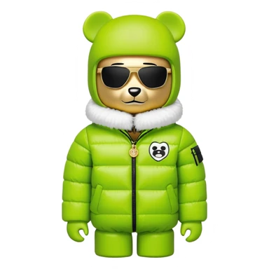 authentic cubic bearbrick figure with block head, wearing lime green balaclava with integrated black visor lens at eye area, oversized Supreme logo puffer jacket with large fur collar and fur trim, gold chains sticker