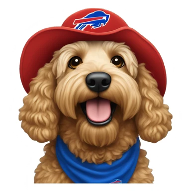 Golden doodle wearing a buffalo bills hat sticker