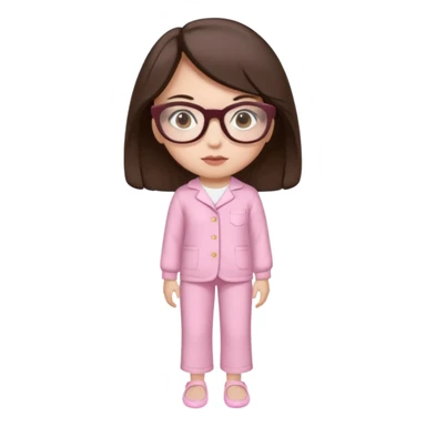 Girl with dark brown hair, light skin, brown eyes, wearing a miu miu glasses the brown ones, and wearing a top in white with a pair of pyjama pants in pink and a slipper in white  sticker