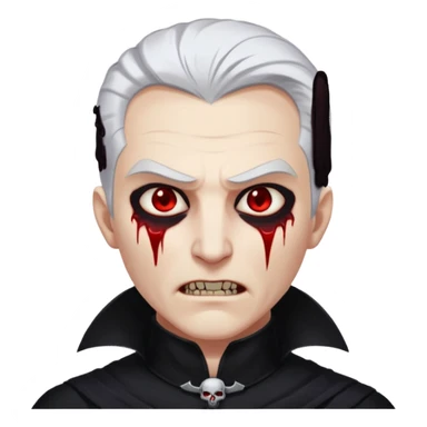 Creat a young man Vampire with white skin and white hair "make him have slide back hair" and full black vampire clothes and bloody eyes and long fangs and scary dead sleepy eyes and silver logo on his neck sticker