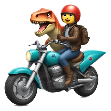 Dinosaur riding a motorcycle with shark sticker