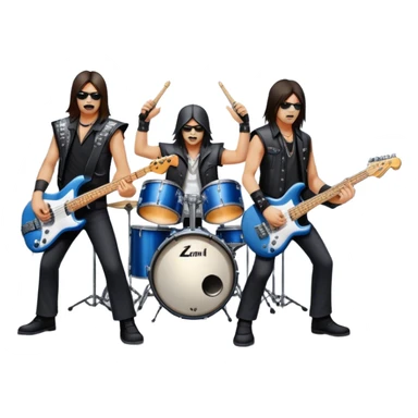 Icon for Metal Music: metal band on stage with 4 musicians playing electric guitars, bass, and drums. The atmosphere is intense, with flashing lights, smoke, and energetic stage presence. The vibe is powerful and electric. Transparent background. sticker