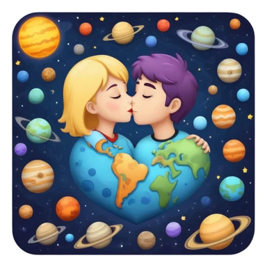 Solar system with heart-shaped planets and couples kissing, cute characters embracing on different planets, colorful cosmic scene sticker