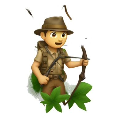 Hunter with a bow looking at an animal hiding behind leaves sticker