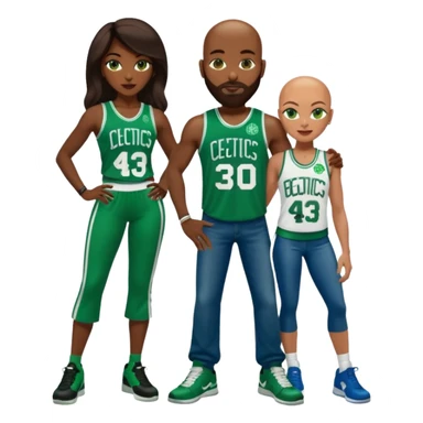 48-year-old dark skin black woman with brown eyes, long dark brown hair dressed in sexy 
celtics jersey costume outfit wearing stilettos. A bald white man with ginger beard. he has blue/green  eyes, wearing a Jason Tatum Boston Celtics Jersey, jeans & green Nike sneakers  sticker