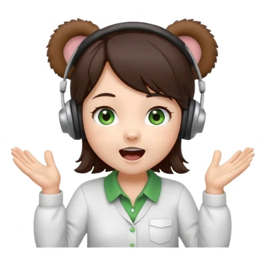 Chibi girl, dark brown hair, green eyes, wearing a white shirt and small brown bear ears on a headset, with wide happy surprised eyes and mouth and clapping excitedly sticker