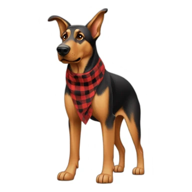 adult 75% Coonhound 25% German Shepherd mix dog with visible tail wearing small pointed red buffalo plaid bandana full body walking left quickly sticker