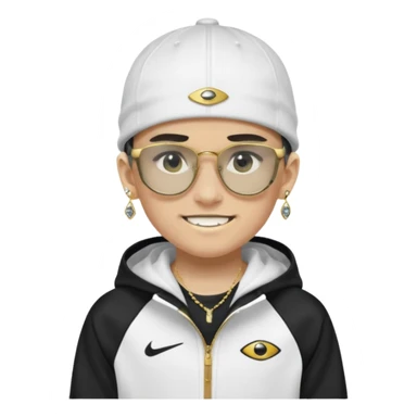 un emoji de un chico emcapuchado blanco, con gorro kalenji, dientes de oro, com uma chaqueta negra nike tech y unas gafas de oakley, con pendientes de diamante  sticker