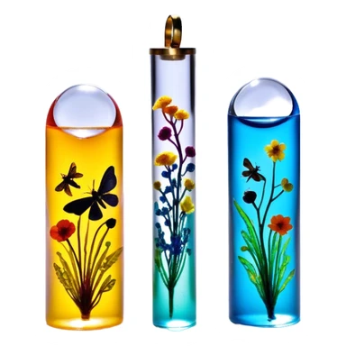 Create an icon that represents decorative arts using epoxy resin in tubes. The design should feature colorful tubes of resin, including fluorescent resin tubes, with visible drops or strokes of resin being applied to create intricate designs. Include finished resin jewelry pieces, such as pendants or rings, containing preserved flowers and insects encased in clear resin. The composition should feel vibrant, artistic, and delicate, showcasing the unique beauty of resin art with natural elements. The background should be transparent sticker