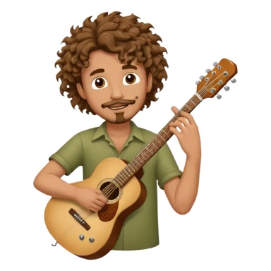 Generate a dude with curly hair and a shitty goatee who is high on marijuana playing the guitar and twisting a strand of his hair sticker