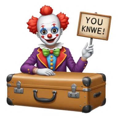 A clown in a suitcase with a sign that says “you know you like it” sticker