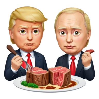 photorealistic Donald Trump and Putin eating a steak shaped like an piece of land sticker