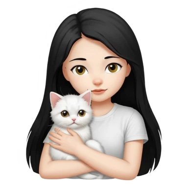 a girl with long dark black straight hair, in a white t-shirt, hugs a persian kitten 3 months old had a half spot black on her face and white one cat. emoji | AI Emoji Generator sticker