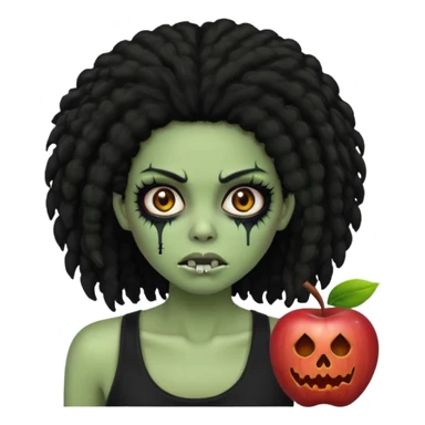 a female zombie with sage green skin, black long afro hair, eyelashes and a black tank top in apple emoji style sticker