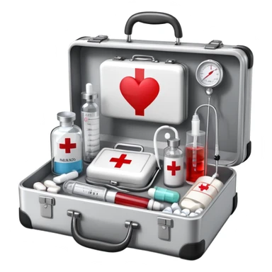 An icon featuring a medical suitcase with a red cross, a bottle of pills, a stethoscope, and a syringe, symbolizing medicine. The design includes a thermometer, bandages, and a heart monitor, representing healthcare and medical treatment. Transparent background highlights the science of healing. sticker