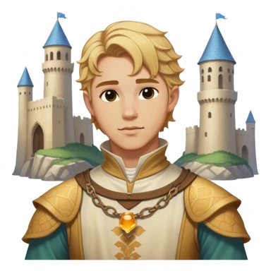 Medieval summer outfit worn by a DnD themed fantasy male character. Character has honey blonde hair swept back from the temples, reaching the nape of the neck with natural waves throughout. sticker