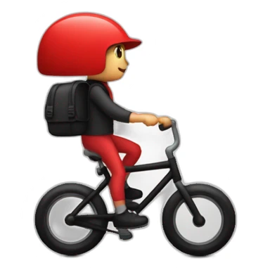 Garçon en tenue rouge sur un vélo noir vélo avec un sac tout rouge cubique, avec un logo qui représente une toque sticker
