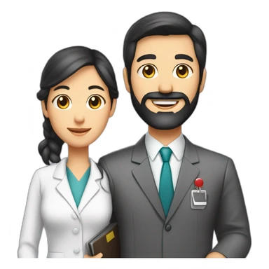 husband classic executive 55 dark hair trimmed beard wearing business suit holding bible, with wife asian age 55 dark hair wearing nurse uniform sticker