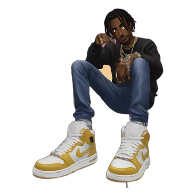 Playboi carti album cover with Travis scott and their pointing a the Travis scott shoes sticker