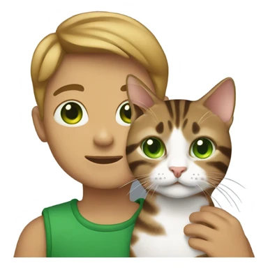 Boy holding a brown tabby cat with green eyes  sticker