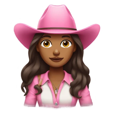 Brown girl with very long darn brown hair wearing a pink cowgirl hat sticker