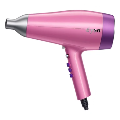 A pink Dyson Supersonic hair dryer, slight angle, realistic style, Features the distinctive hollow circular head with the barrel running through the center, sleek modern design, glossy pink finish with metallic silver accents on the nozzle ring. Compact proportions , clean lines, slight shading  sticker