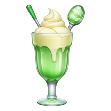 Create an emoji with a clear rounded glass, bright transparent green soda, vanilla ice cream scoop sticker