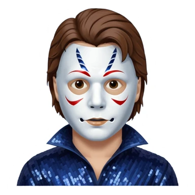 Michael Myers with white mask with brown hair, dark indigo sequin outfit  sticker