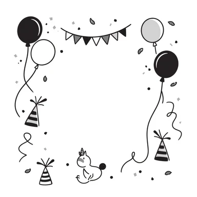 Festive party decorations including balloons, streamers, confetti, party hats, and bunting flags. Using specific pastel colors (dd9fb0, ffc6d3, a3bfc9, c4bee2, f1b091). Hand-drawn doodle style with playful, celebratory elements arranged in a decorative composition. Transparent background. sticker