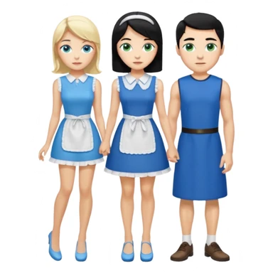 King, black hair, body, legst, blue eyes, blue garmont,  shoes, blonde maid, green eyes, sexy short sleveless White dress, shoes sticker