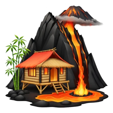 bamboo hut front of the volcano lava flowing sticker