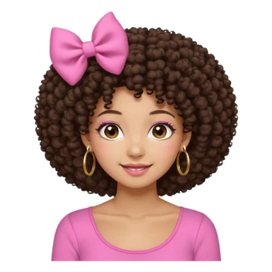 Naturally tan skin girl short darkBrown curly afropink shirt very long lashes hoop gold earrings Brown eyes gyaru smiling closed mouth cute non perfect circular afro. Pink bow hairclip sticker