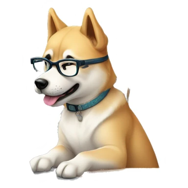 A cute Jindo dog from Korea wearing glasses and sitting at a desk, studying WordPress on a laptop. The dog has a determined expression. The background shows Korean-style room decor. Digital art style, vibrant colors, detailed illustration. sticker