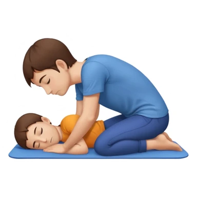Man with short brown hair in child’s pose sticker