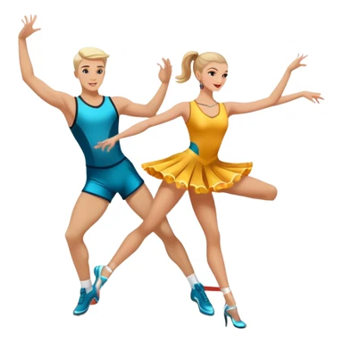 Icon for Sports Dance: a couple performing an energetic and synchronized dance, dressed in competitive dance attire, dance shoes, a rhythmically placed dance floor, and a competition backdrop. The icon should capture the athleticism, technique, and precision of sports dance. Transparent background. sticker