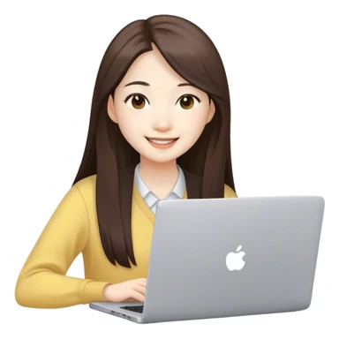 Long hair asian woman working on pale yellow laptop with brown eyes in zoom meeting  sticker
