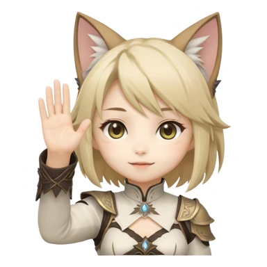 Please generate a chibi version of a cute Final Fantasy 14 catgirl waving one hand into the air to welcome new people. sticker