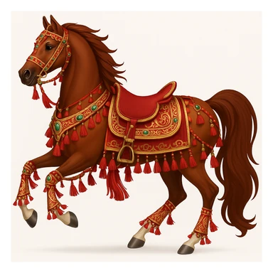 Add traditional Arabian tack and ornate decorations to the Saudi Arabian horse in emoji style, keeping the galloping pose with traditional Arabian saddle as is. sticker