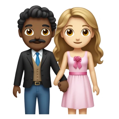 Two people holding hands with a tanned boy with medium-length hair with a Mexican mustache and black eyes and with a white girl with brown hair and blue eyes with a pink bow on her head sticker